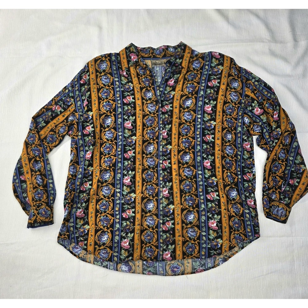 Vintage CC Hughes Shirt Womens Large Button Up Floral Baroque Striped Granny 90s